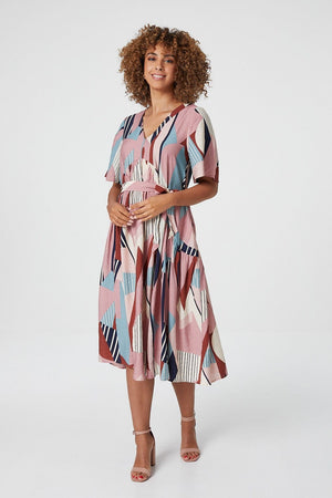 Pink | Geo Print Tie Waist Midi Dress