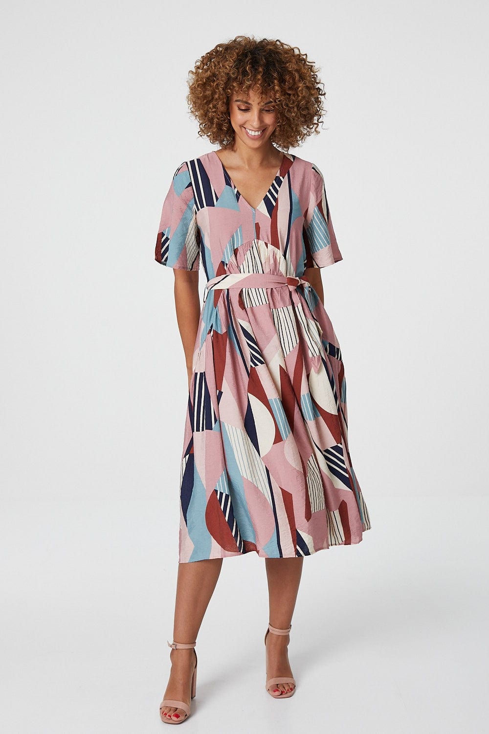 Pink | Geo Print Tie Waist Midi Dress