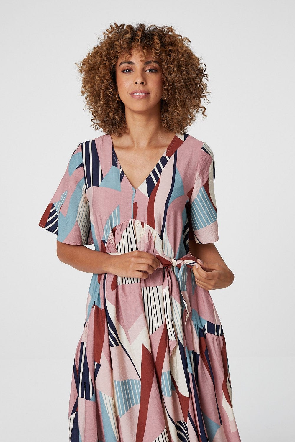 Pink | Geo Print Tie Waist Midi Dress