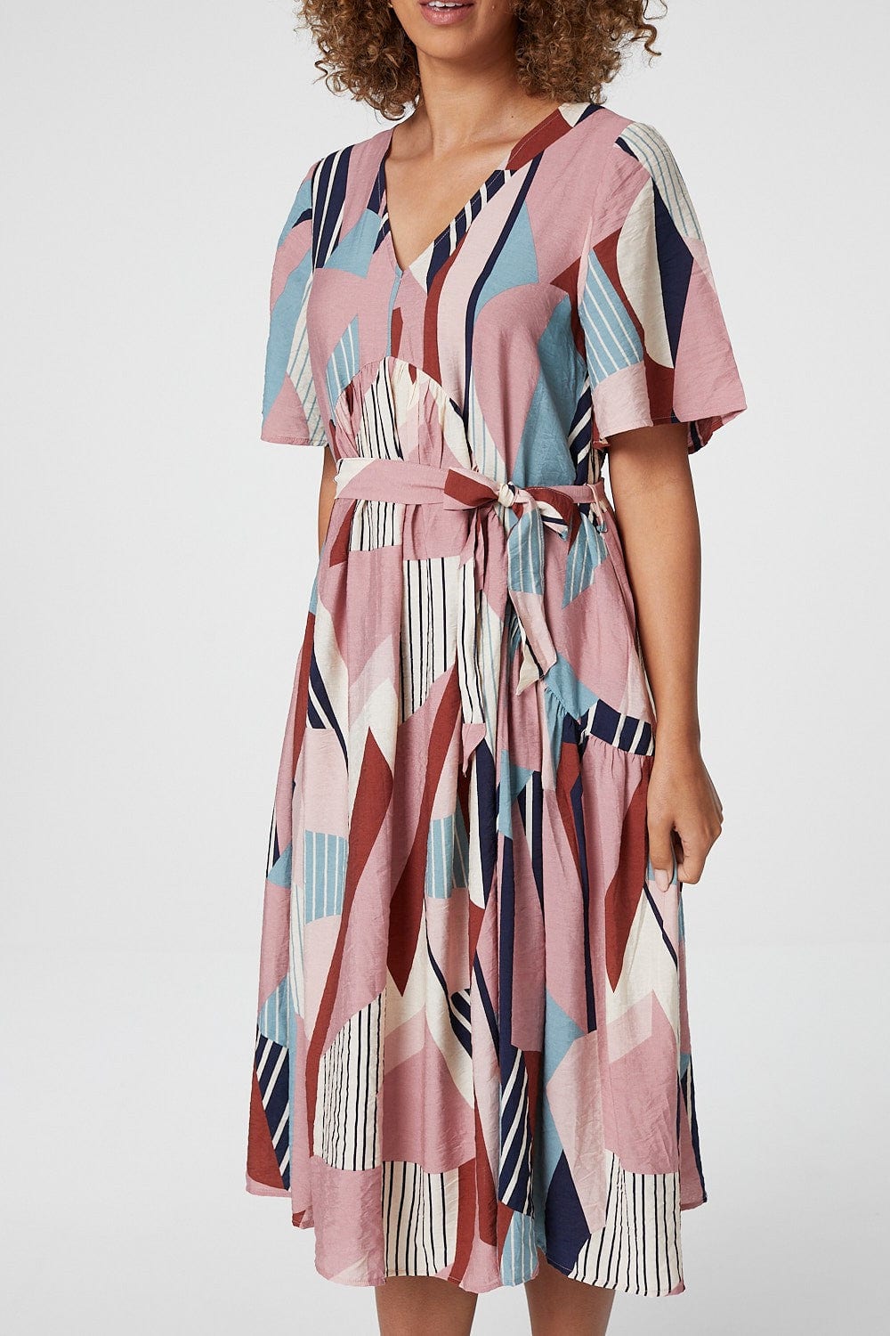 Pink | Geo Print Tie Waist Midi Dress