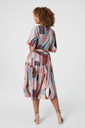 Pink | Geo Print Tie Waist Midi Dress