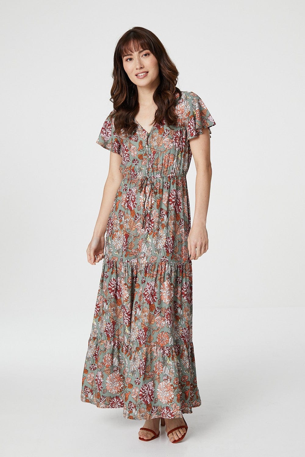 Green | Floral Angel Sleeve Maxi Dress