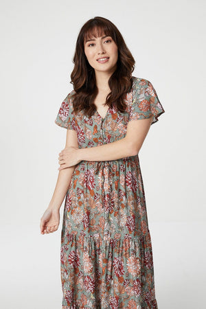 Green | Floral Angel Sleeve Maxi Dress
