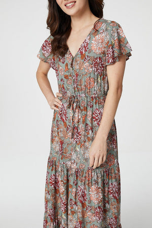 Green | Floral Angel Sleeve Maxi Dress