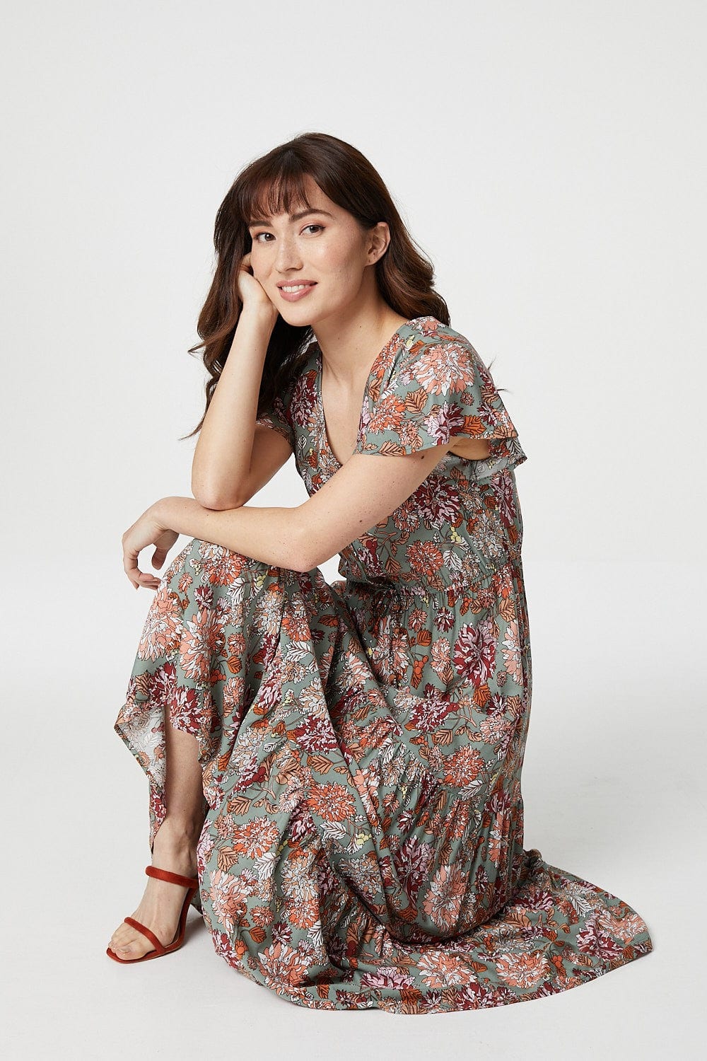 Green | Floral Angel Sleeve Maxi Dress
