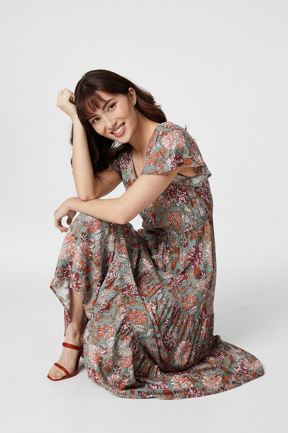 Green | Floral Angel Sleeve Maxi Dress