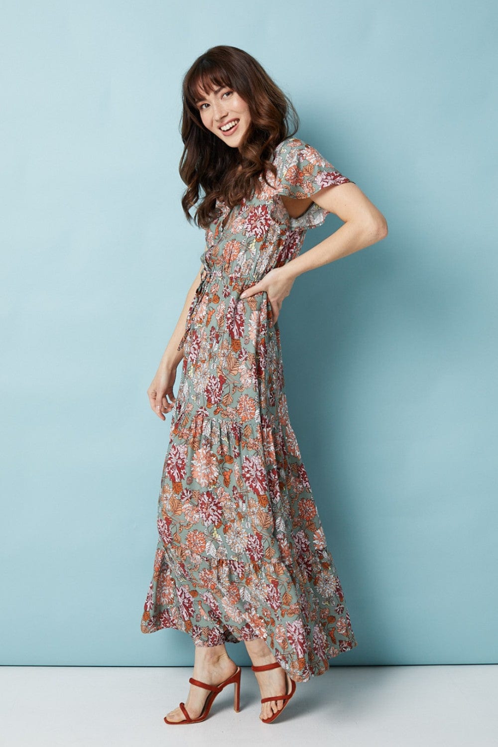 Green | Floral Angel Sleeve Maxi Dress