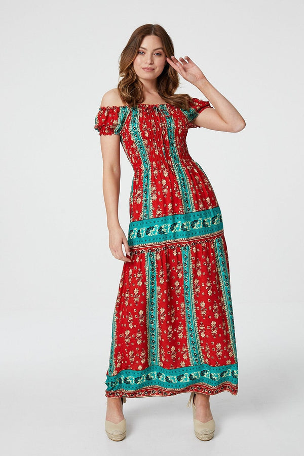 Red | Retro Floral Bardot Maxi Dress