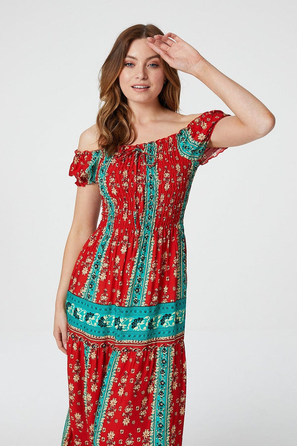 Red | Retro Floral Bardot Maxi Dress