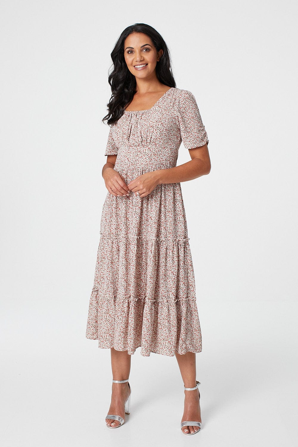 White | Floral Square Neck Midi Dress