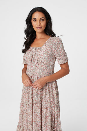 White | Floral Square Neck Midi Dress