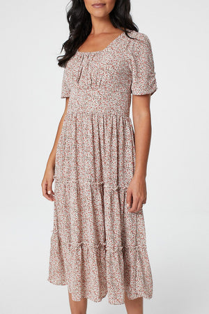 White | Floral Square Neck Midi Dress