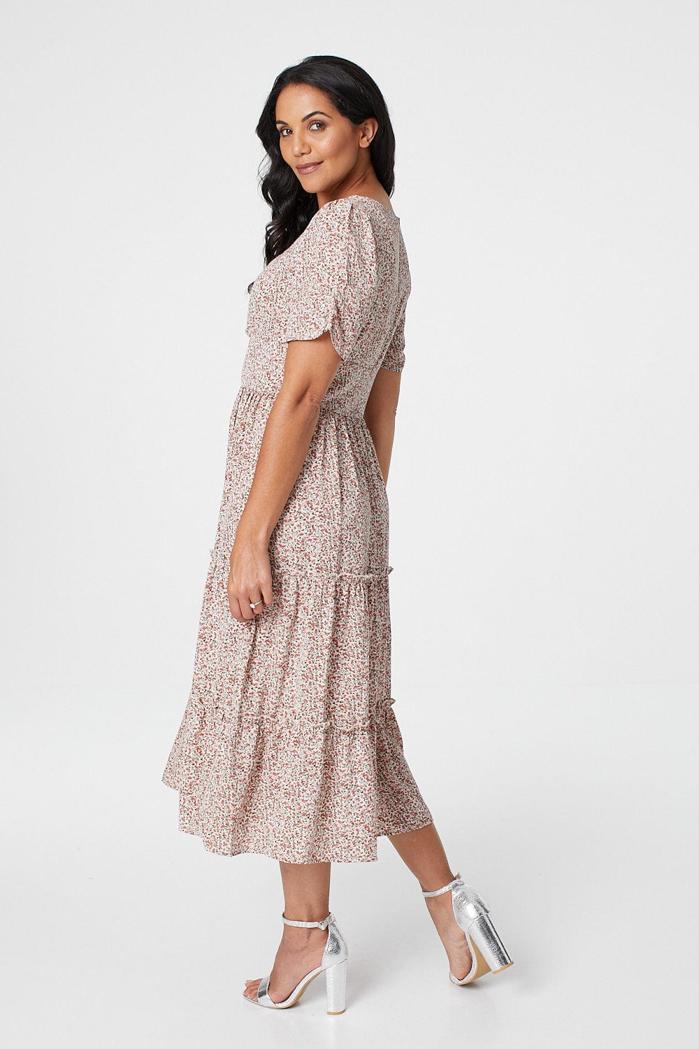 White | Floral Square Neck Midi Dress