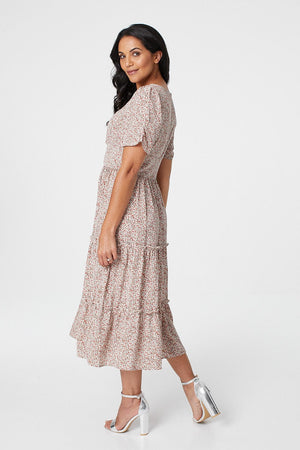 White | Floral Square Neck Midi Dress
