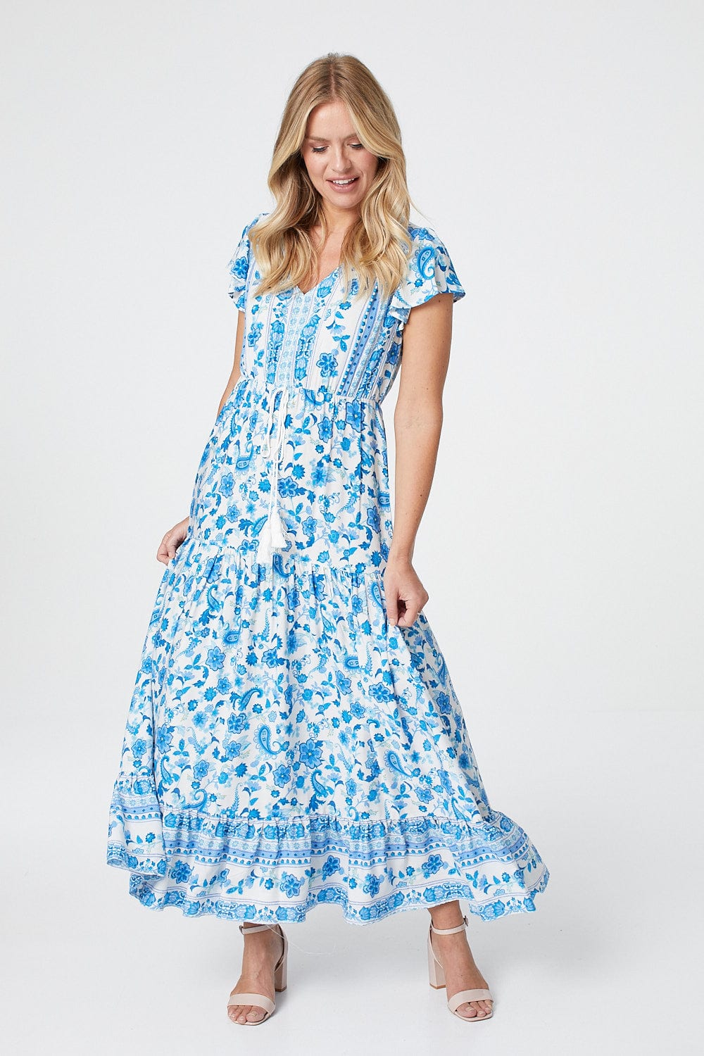 White | Floral Tie Waist Maxi Dress