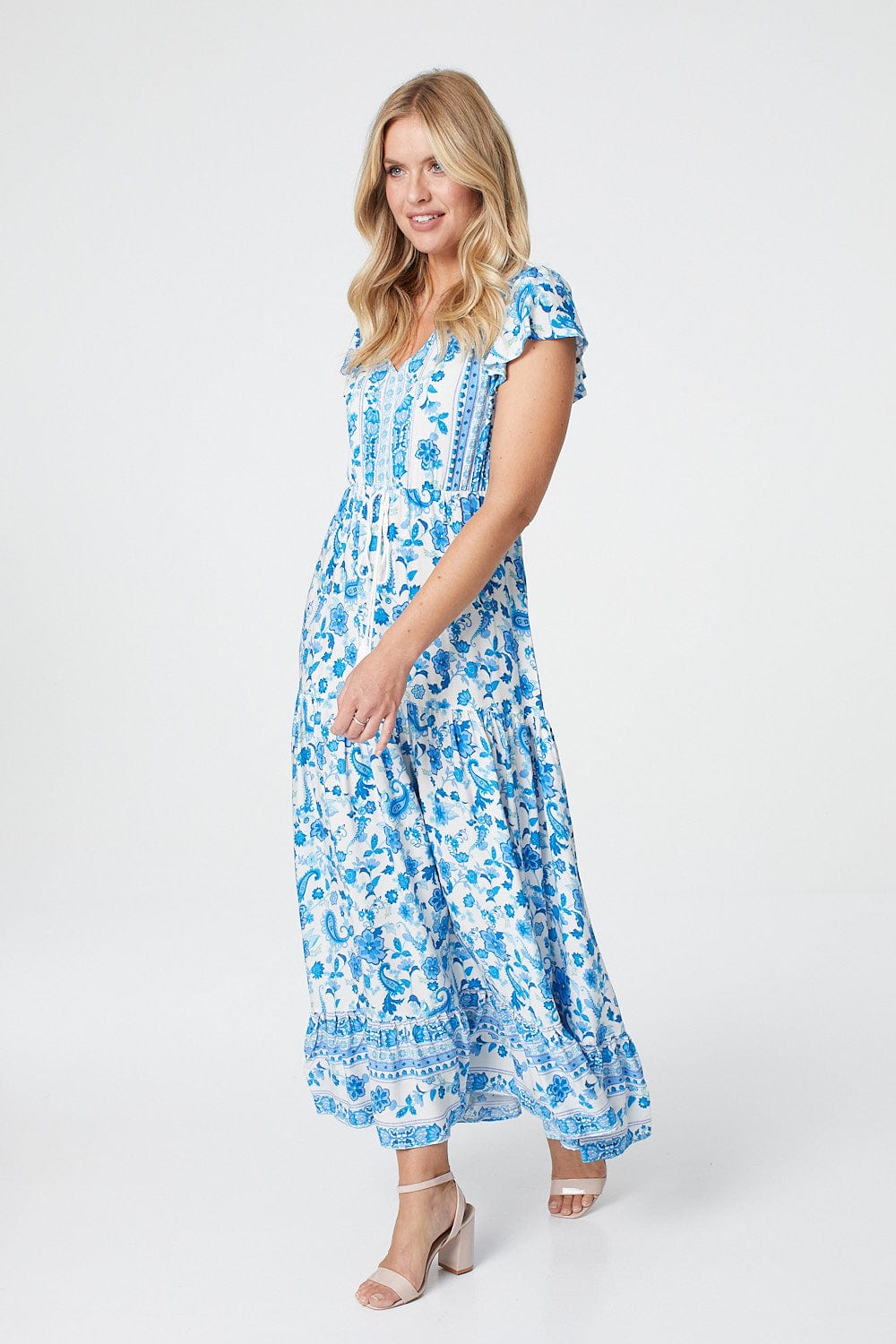 White | Floral Tie Waist Maxi Dress