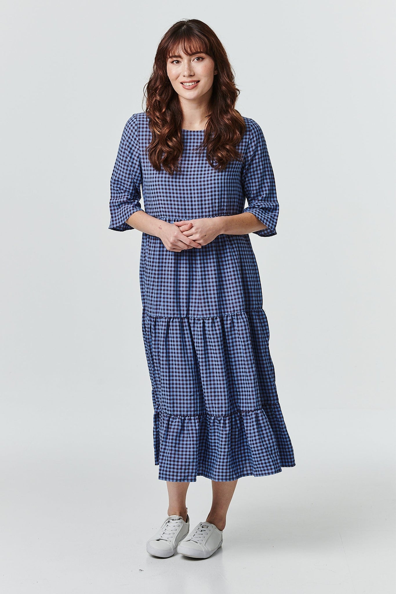 Blue | Checked Tiered Smock Dress