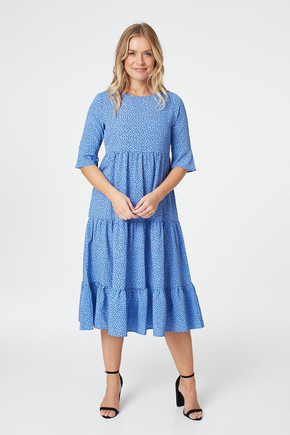 Blue | Polka Dot 3/4 Sleeve Tiered Midi Dress