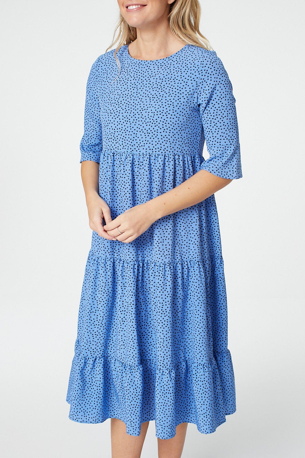 Blue | Polka Dot 3/4 Sleeve Tiered Midi Dress