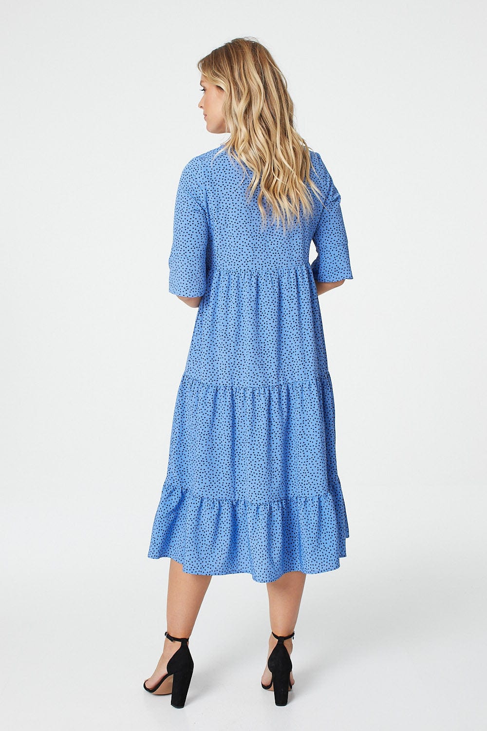 Blue | Polka Dot 3/4 Sleeve Tiered Midi Dress