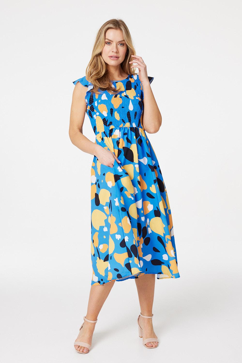 Blue | Abstract Floral Print Midi Dress