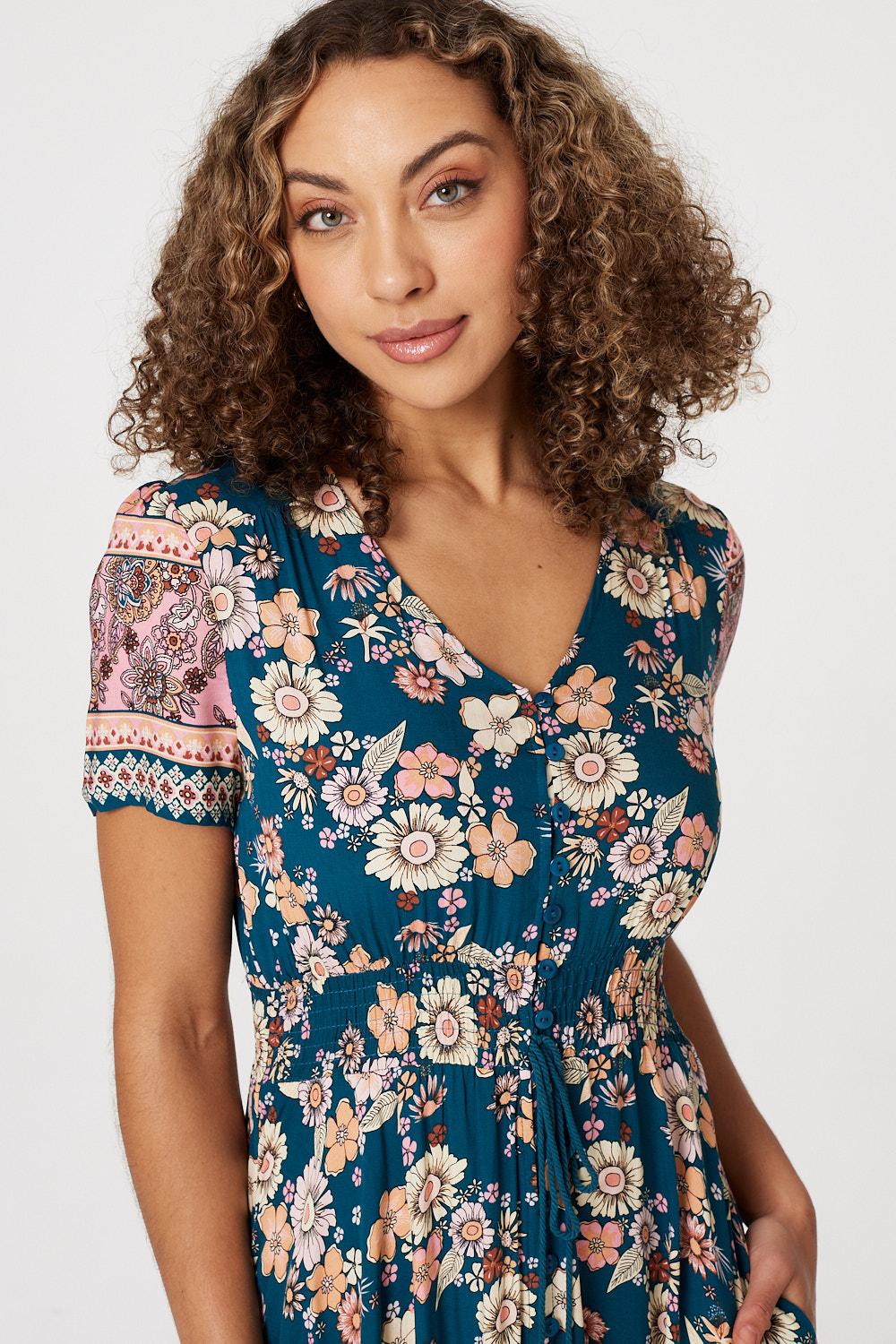 Teal | Floral Drawstring Maxi Dress