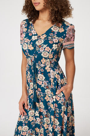 Teal | Floral Drawstring Maxi Dress