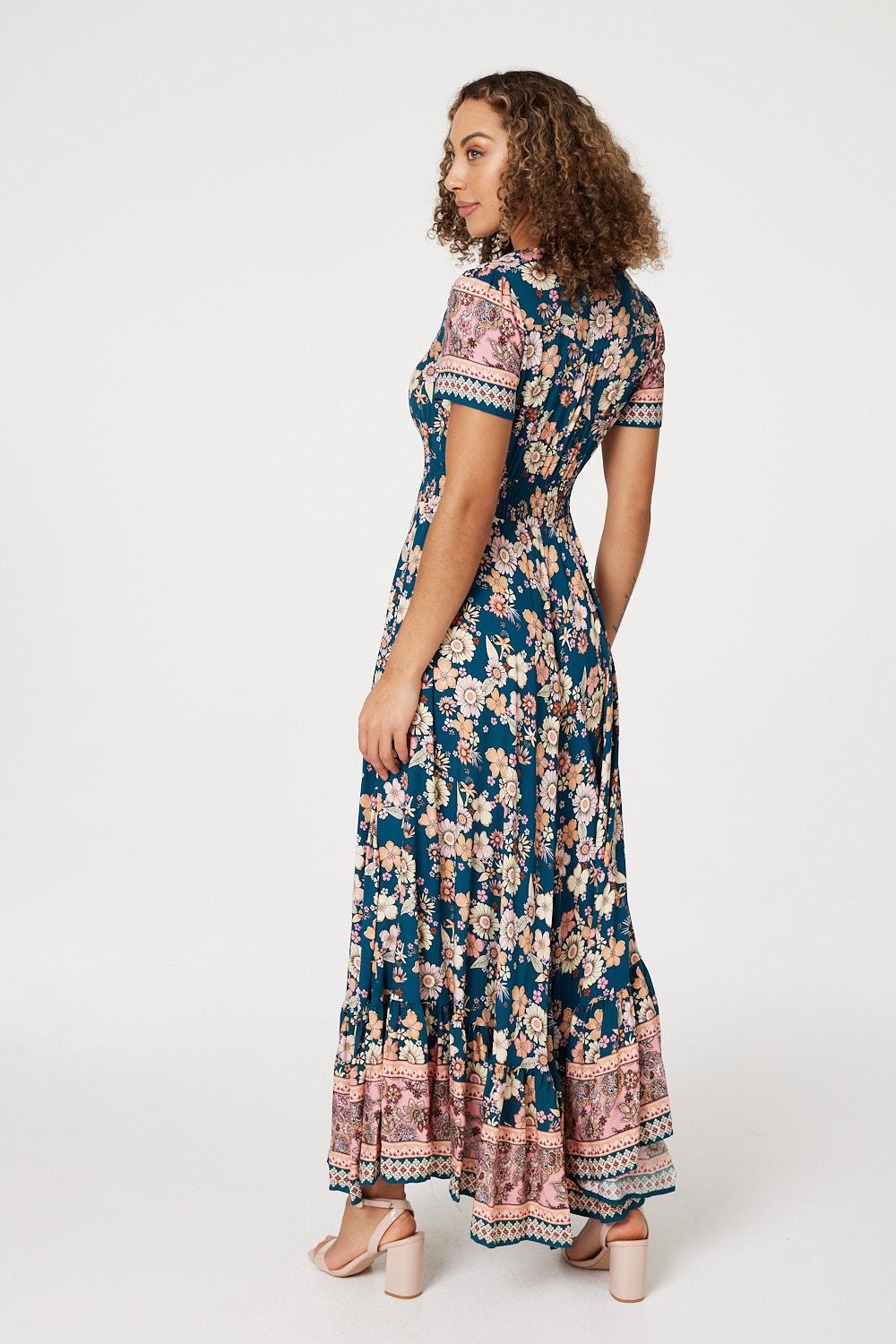 Teal | Floral Drawstring Maxi Dress