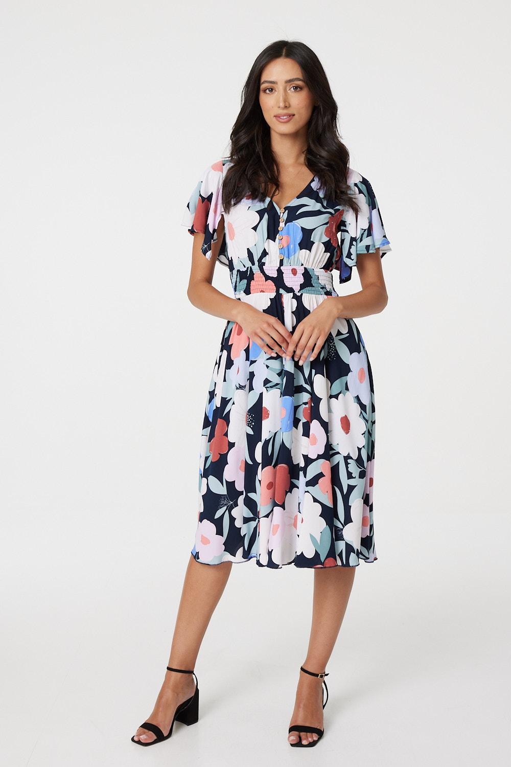Navy | Floral Short Sleeve Fit & Flare Dress