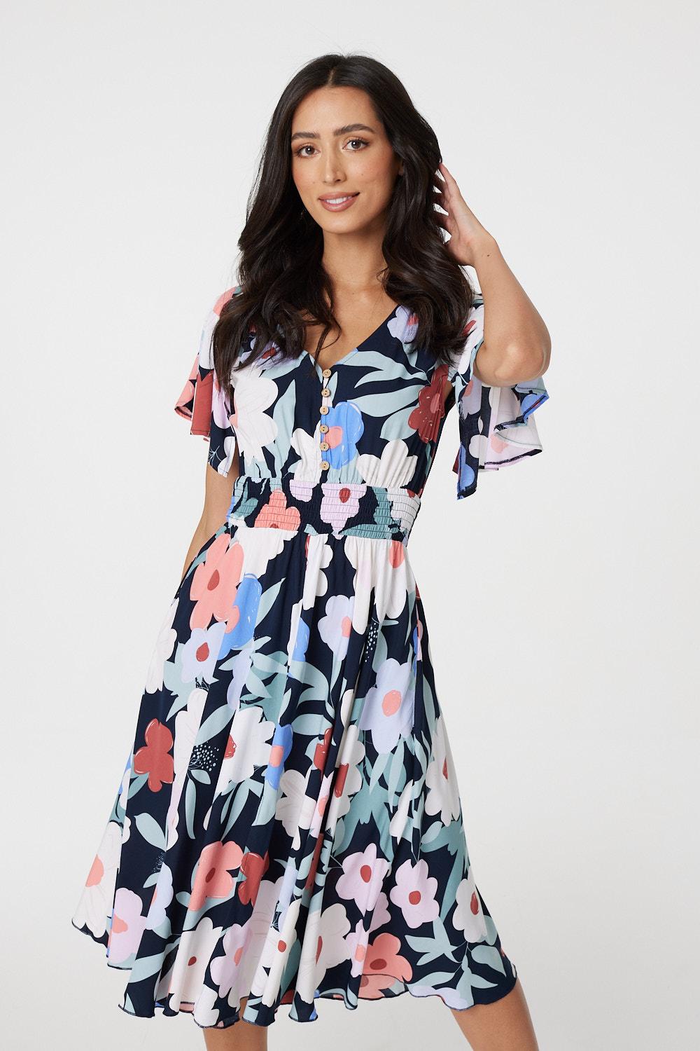 Floral Short Sleeve Fit Flare Dress Izabel London