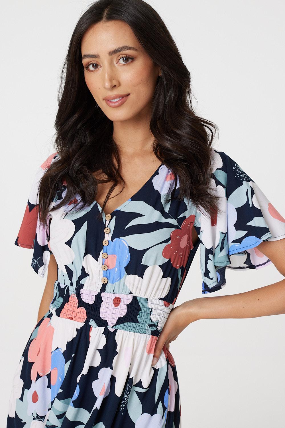 Navy | Floral Short Sleeve Fit & Flare Dress