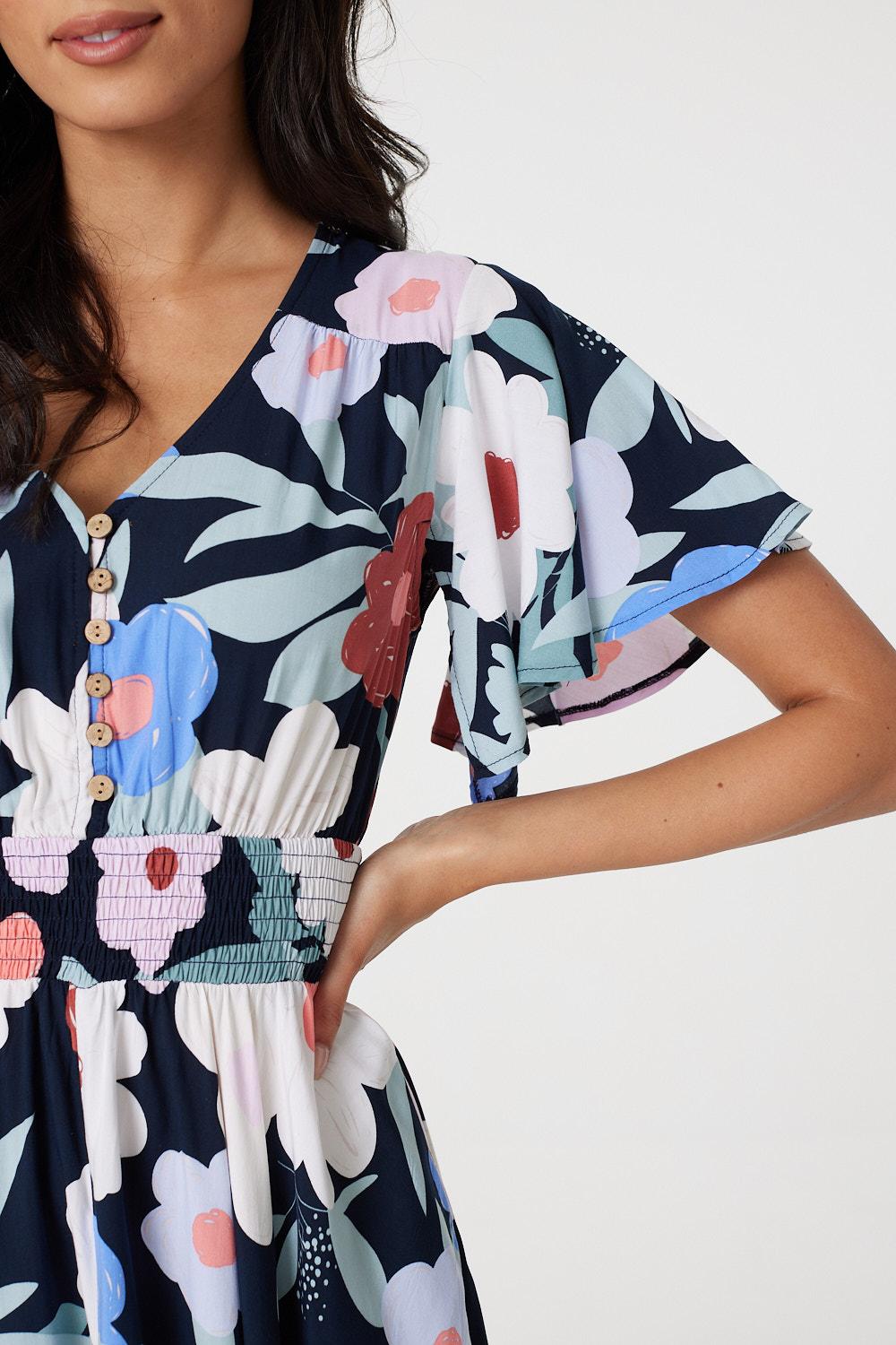 Navy | Floral Short Sleeve Fit & Flare Dress