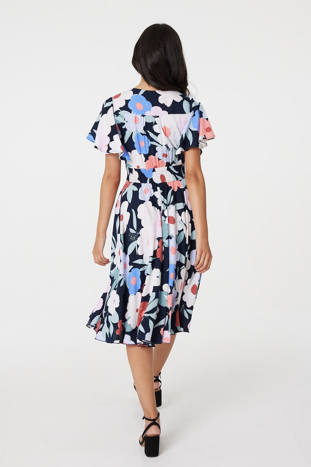 Navy | Floral Short Sleeve Fit & Flare Dress