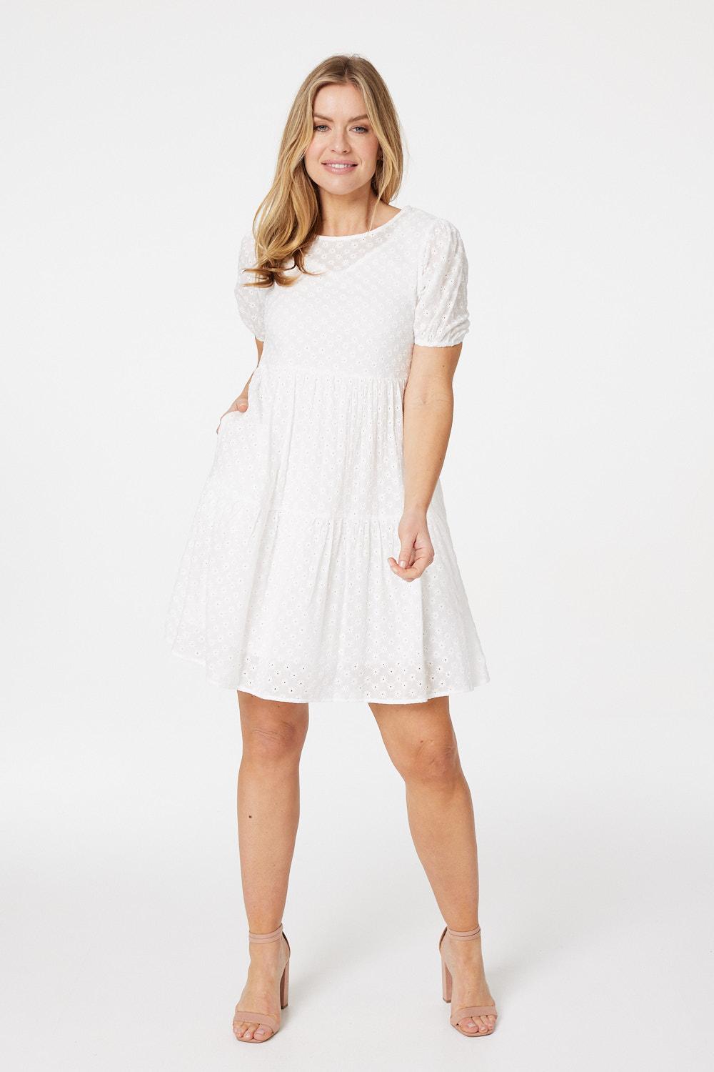 White | Floral Cotton Short Smock Dress
