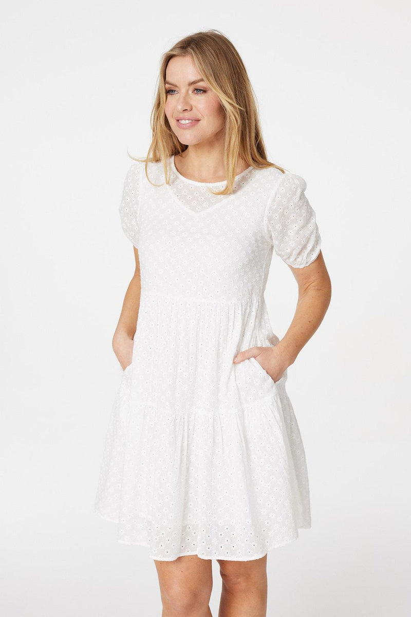White | Floral Cotton Short Smock Dress