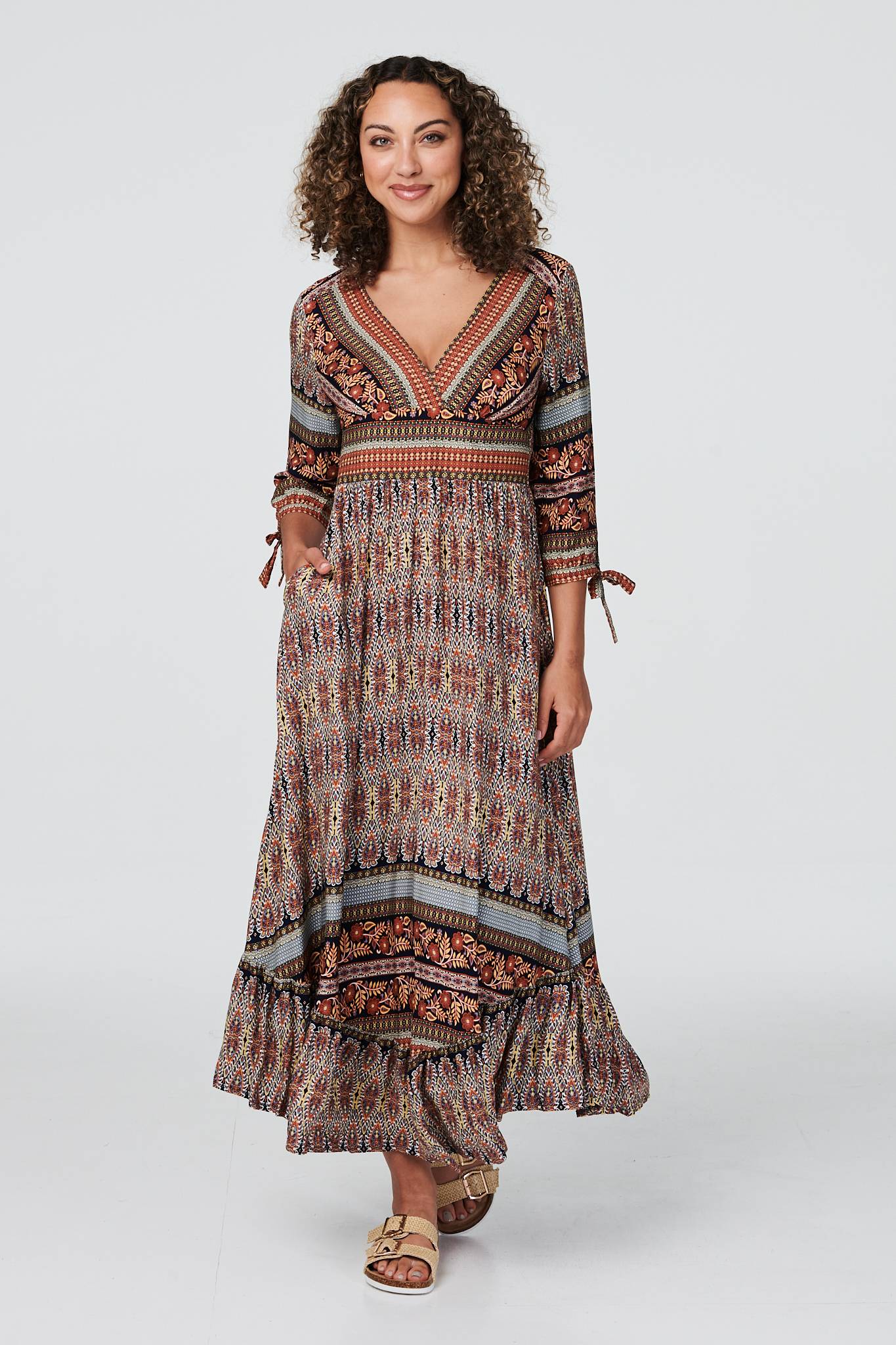 Rust | Vintage Print 3/4 Sleeve Maxi Dress