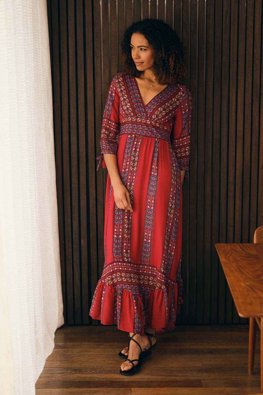 Red | Boho Print 3/4 Sleeve Maxi Dress