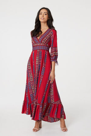 Red | Boho Print 3/4 Sleeve Maxi Dress
