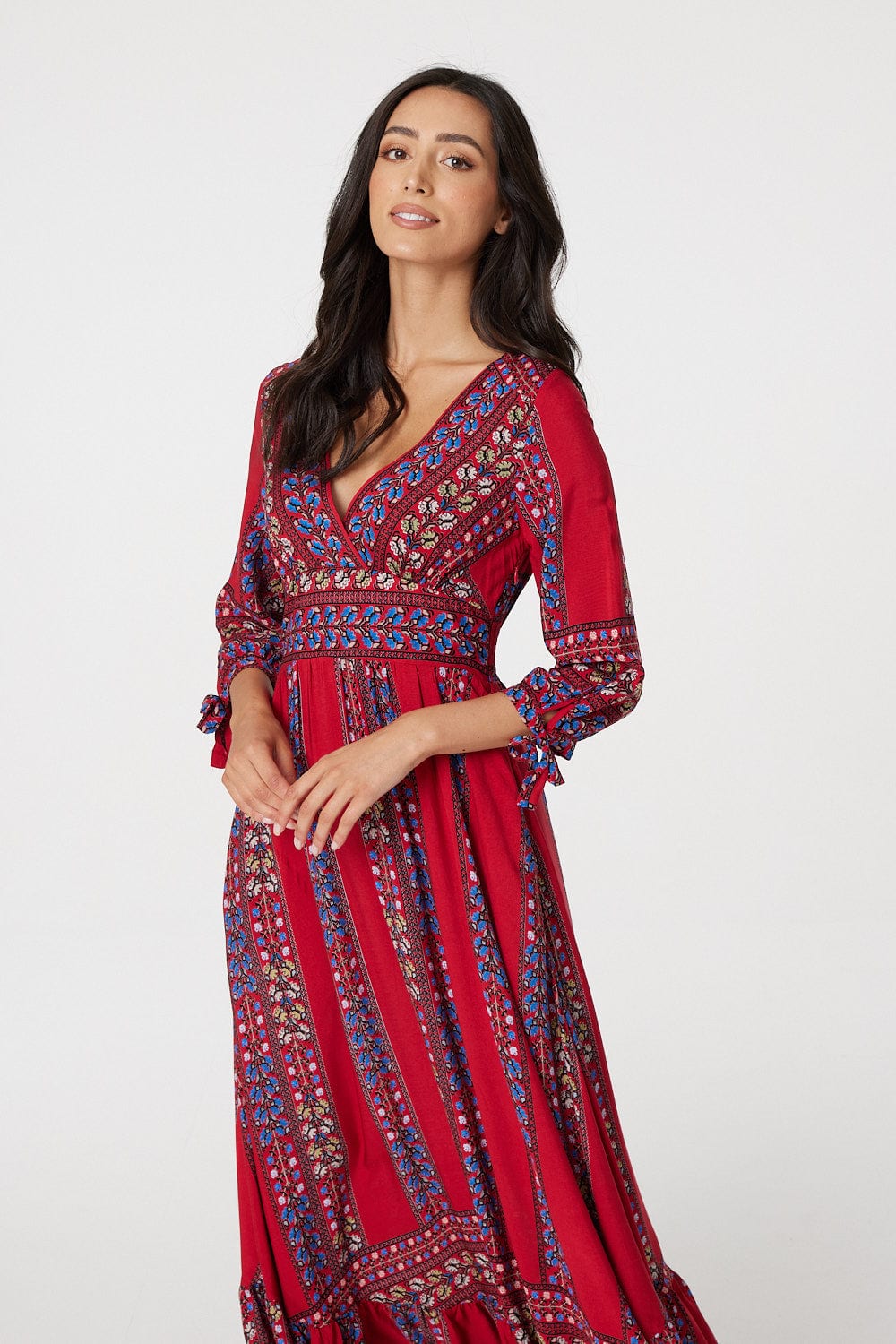 Red | Boho Print 3/4 Sleeve Maxi Dress