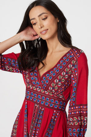 Red | Boho Print 3/4 Sleeve Maxi Dress