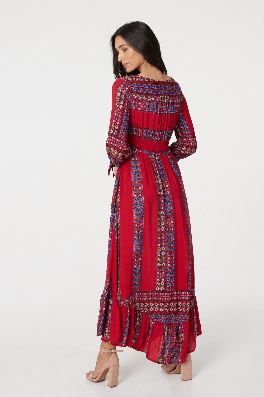 Red | Boho Print 3/4 Sleeve Maxi Dress