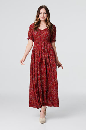 Red | Floral Smocked Waist Maxi Dress
