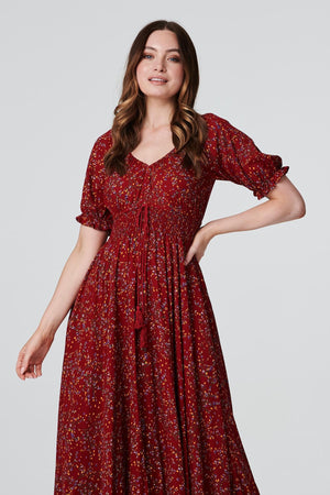 Red | Floral Smocked Waist Maxi Dress