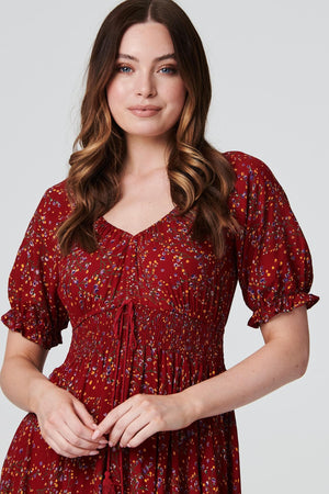Red | Floral Smocked Waist Maxi Dress