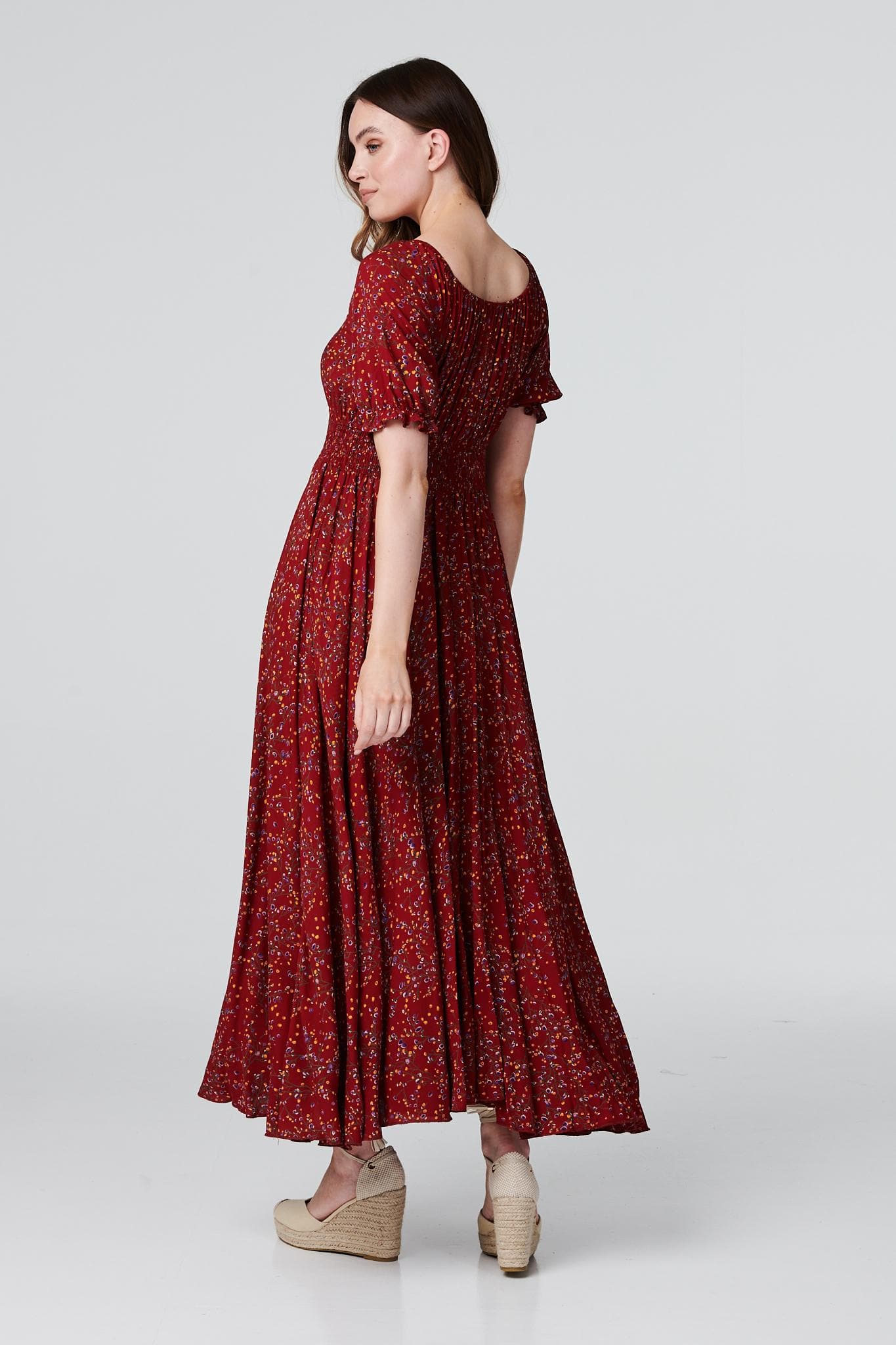Red | Floral Smocked Waist Maxi Dress