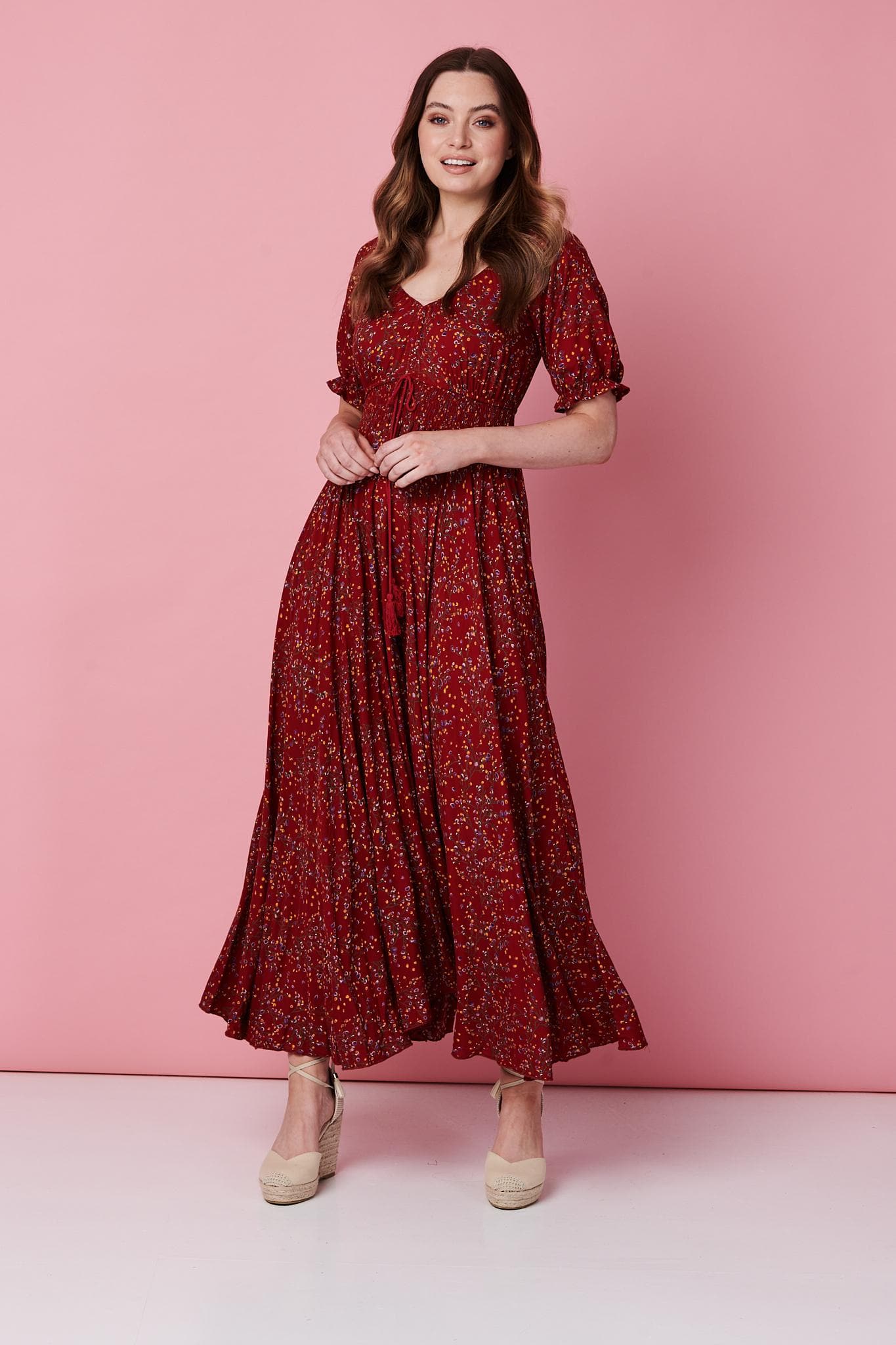 Red | Floral Smocked Waist Maxi Dress