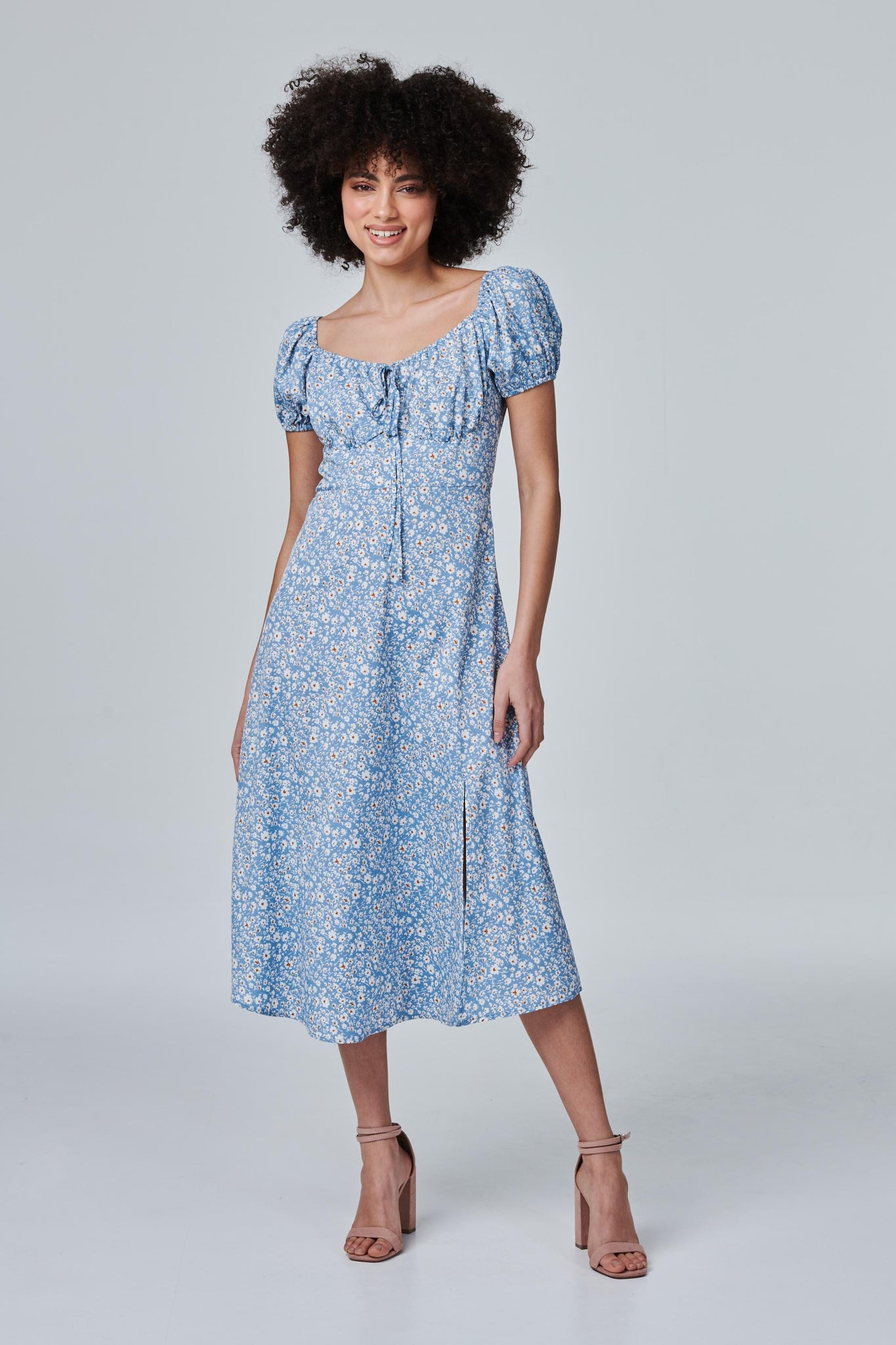 Blue | Ditsy Floral Tie Front Midi Dress