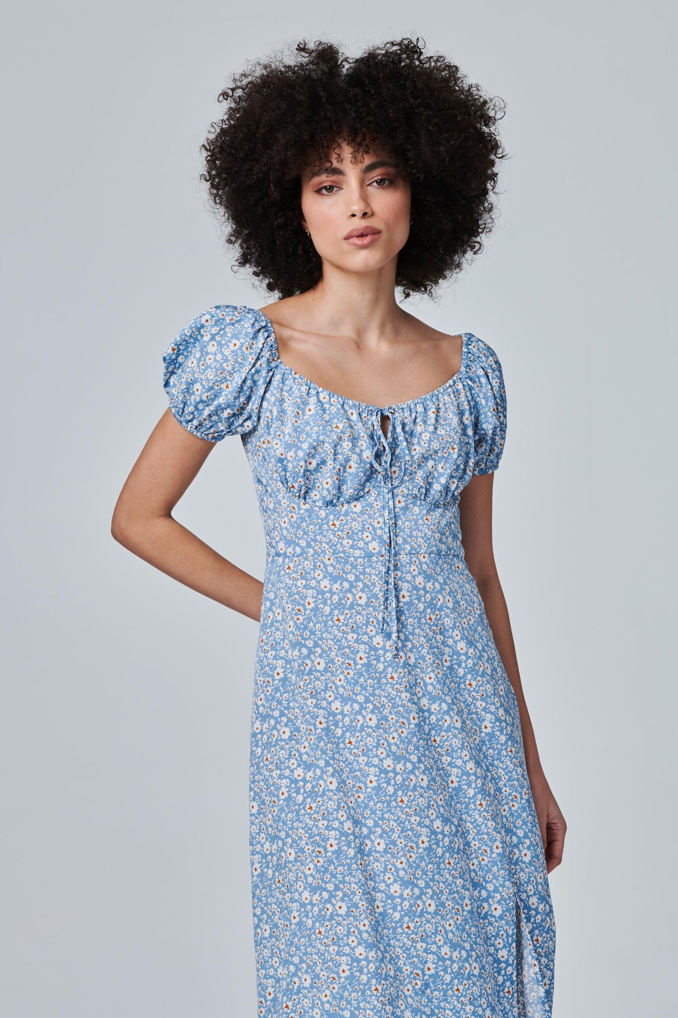 Blue | Ditsy Floral Tie Front Midi Dress
