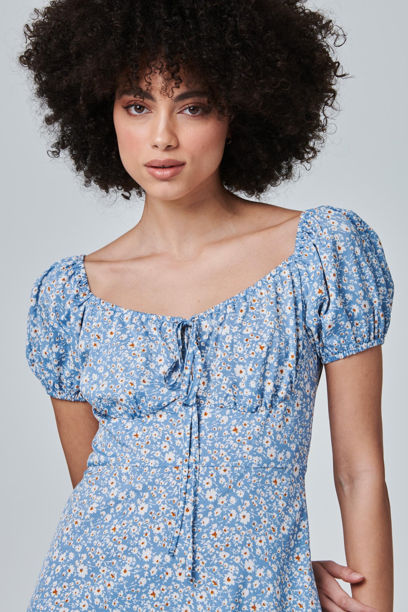 Blue | Ditsy Floral Tie Front Midi Dress