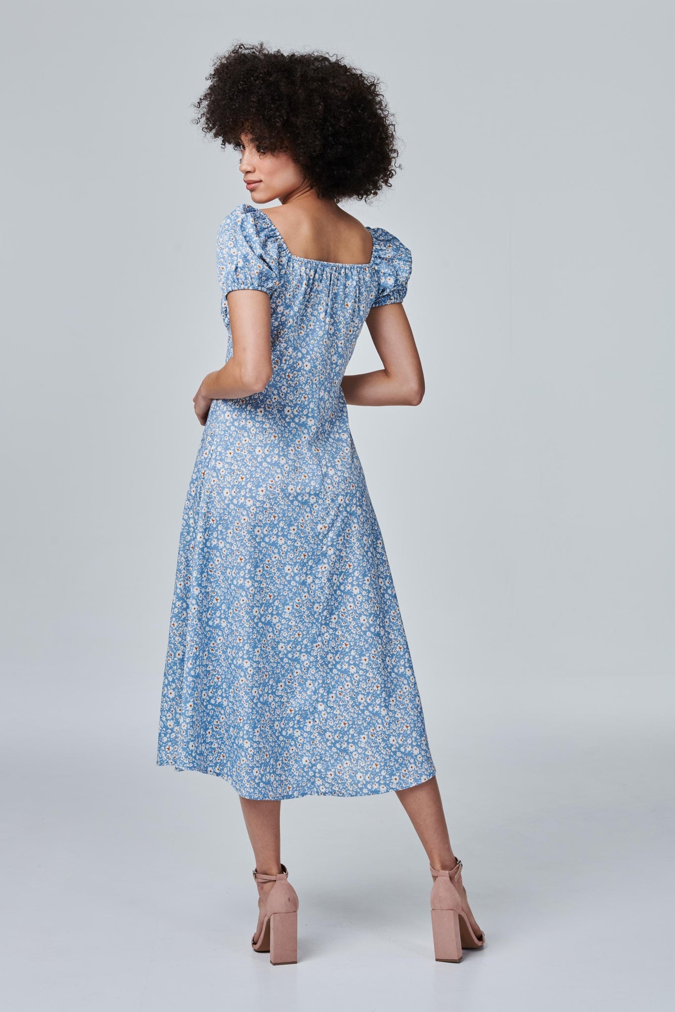 Blue | Ditsy Floral Tie Front Midi Dress